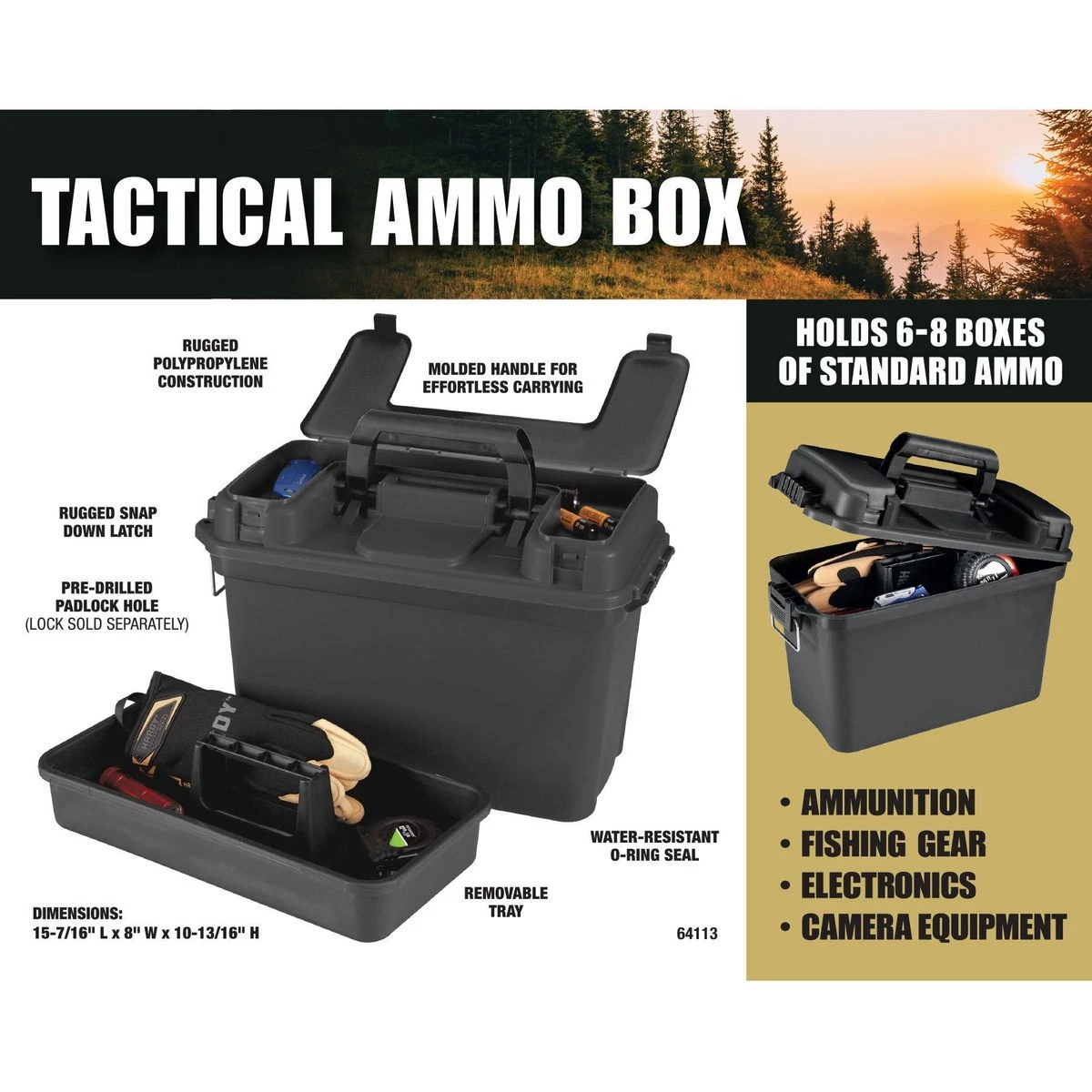 Ammo260PS Tactical Plastic Ammo Can, Dry Utility Tool Box, Lockable Water Resistant Field Box Holder Used in Car, Home, Outdoor 
