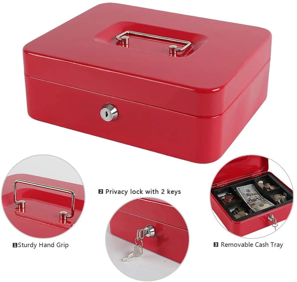 Medium Size Cash Box with Removable Money Tray, Money Safe Box with Key Lock C250-K