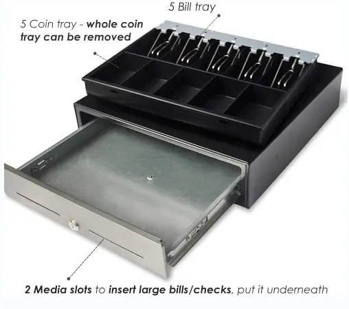 16'' Metal Stainless Front Cash Drawer with 5 Bill 5 Coin Removable Cash Tray CD-410M